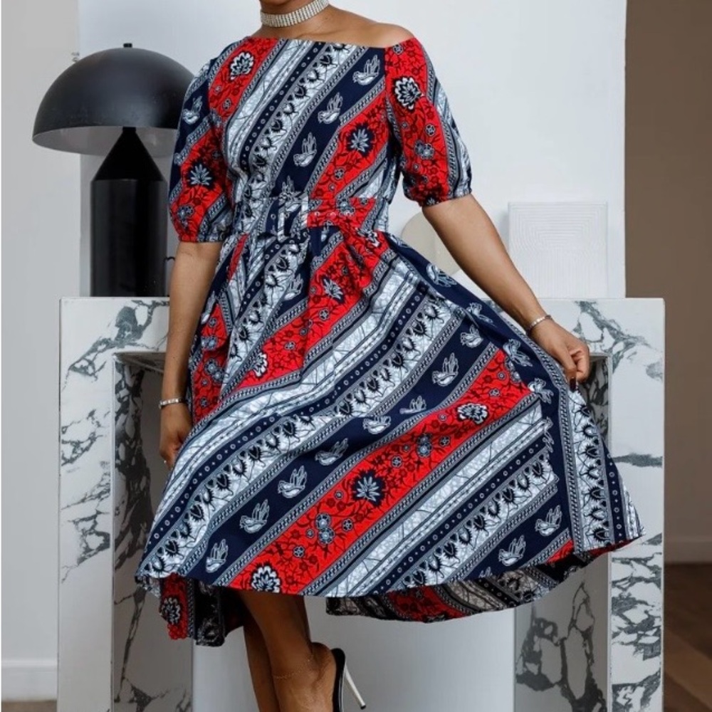 Mae OTTI Rolo African print  Off-Shoulder High-Low Midi Dress in Red/NavyStripe